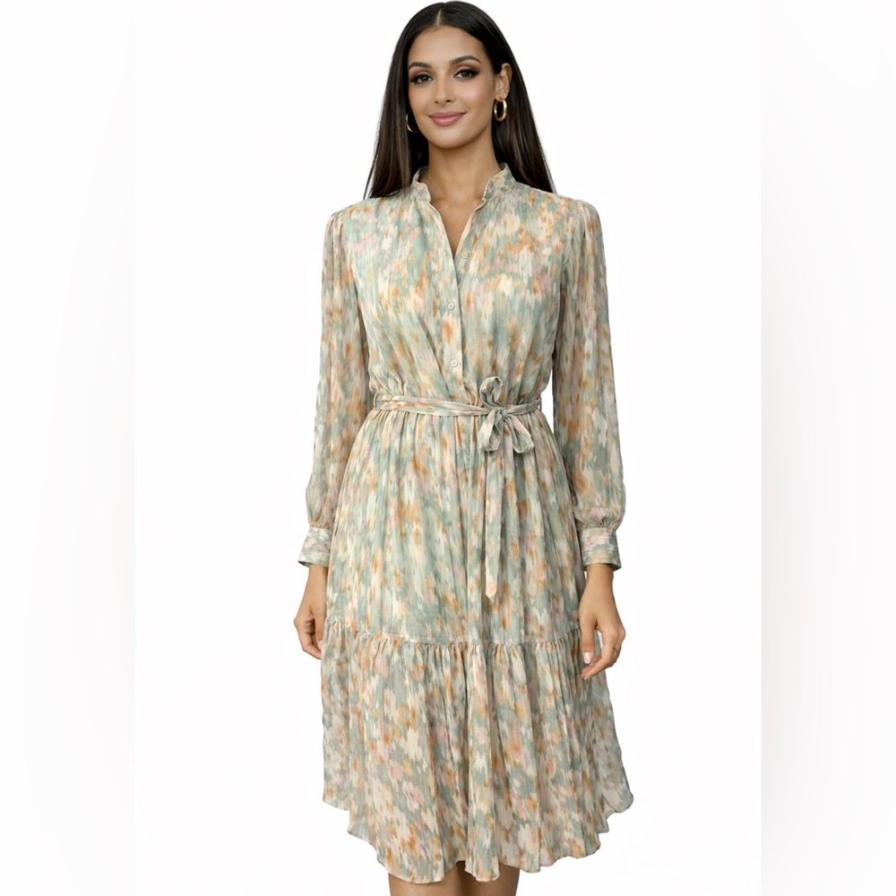 Spring & Mercer L Watercolor Chiffon Midi Prairie Dress Small Long Sleeve NEW
